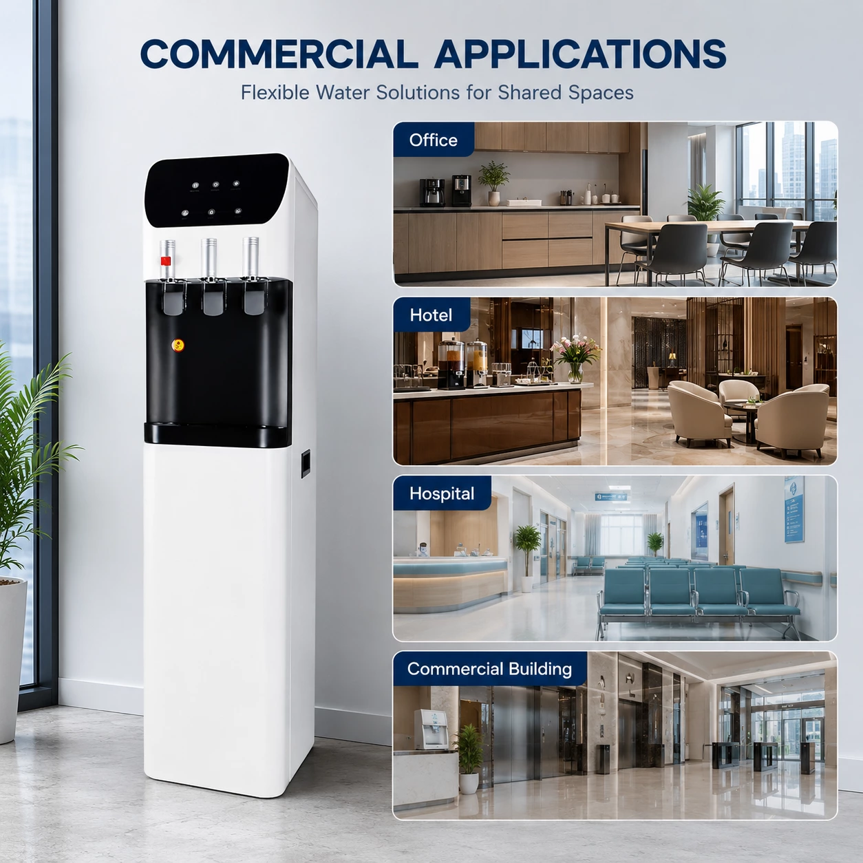 Free standing water dispenser for office, hotel, hospital and commercial building applications