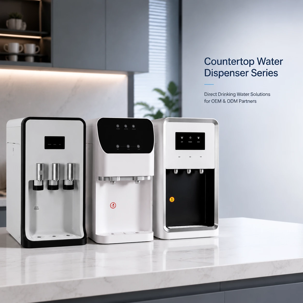 Three OEM countertop water dispenser models displayed on a modern commercial countertop