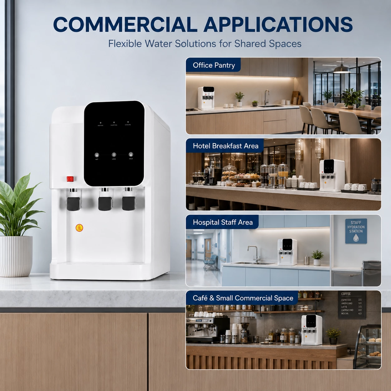 Countertop water dispenser for office pantry, hotel breakfast area, hospital staff area and small commercial space