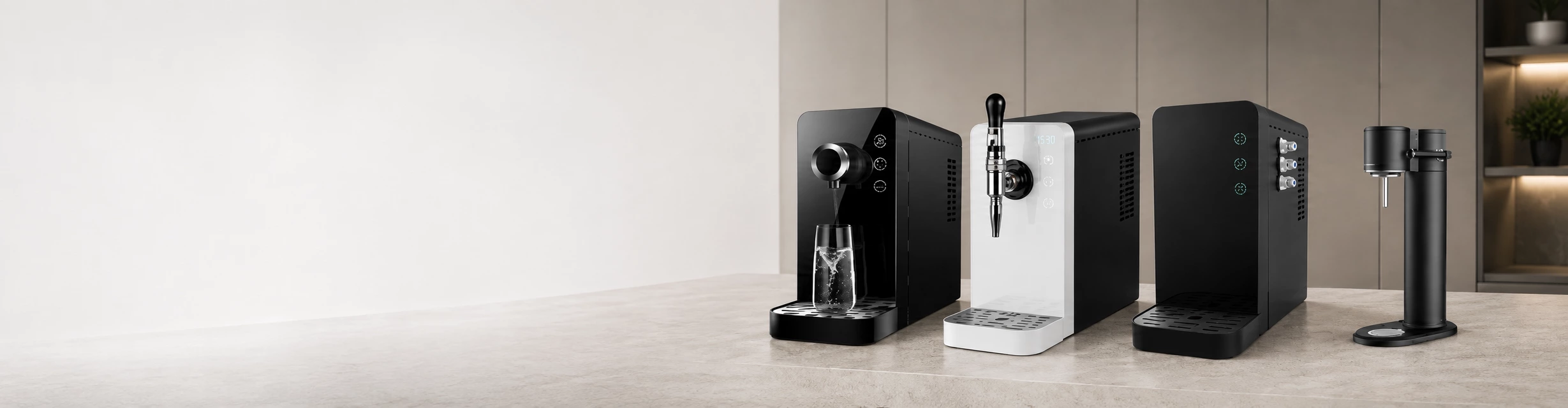 Countertop sparkling water machines and compact soda water maker displayed on a commercial countertop