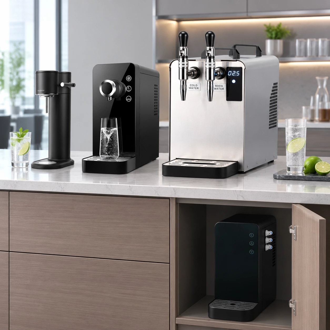 Portable soda maker, countertop sparkling water machine, commercial dual-tap dispenser and under-counter chilled sparkling water system