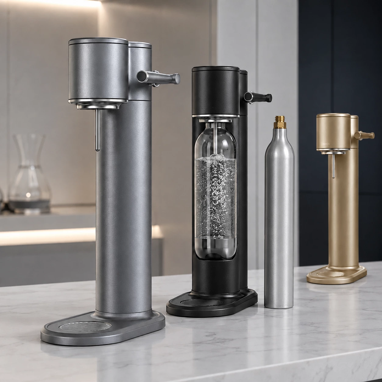 Portable soda makers with 0.6L CO2 cylinder, bottle carbonation system and OEM color options