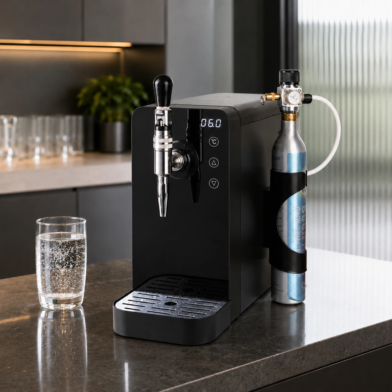 Countertop sparkling water machine with external CO2 cylinder, pressure regulator and stainless steel dispensing tap
