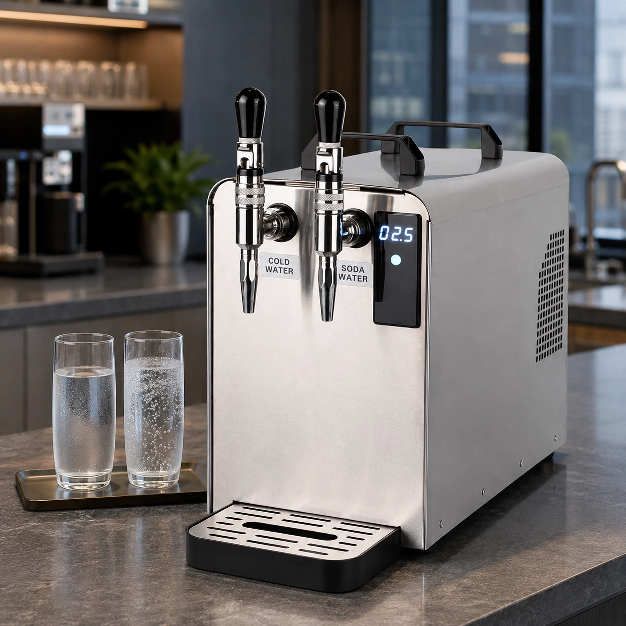 Commercial high-capacity sparkling water dispenser with dual taps for chilled and sparkling water