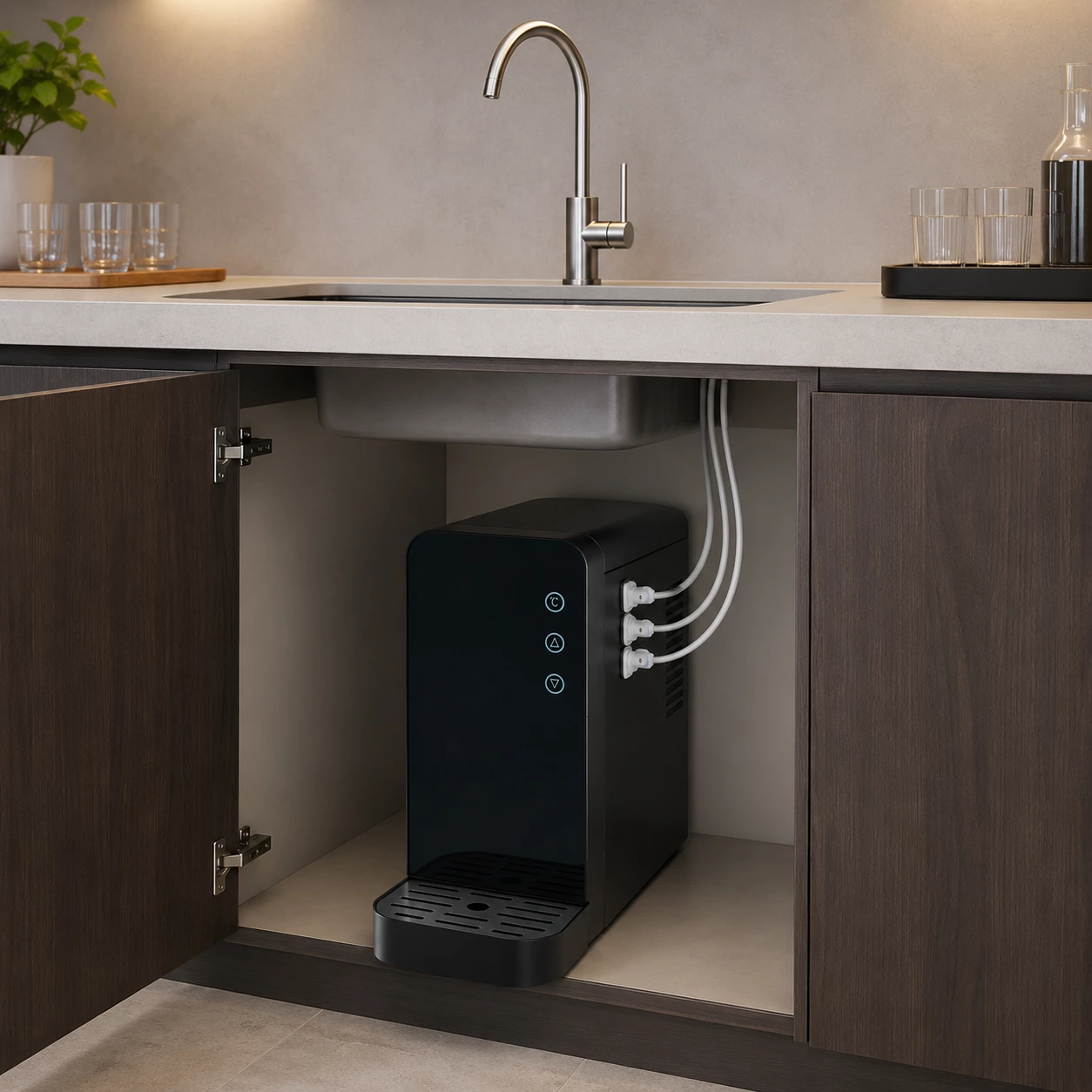 Under-counter sparkling water system with three outlets for chilled, ambient and sparkling water connected to countertop faucet