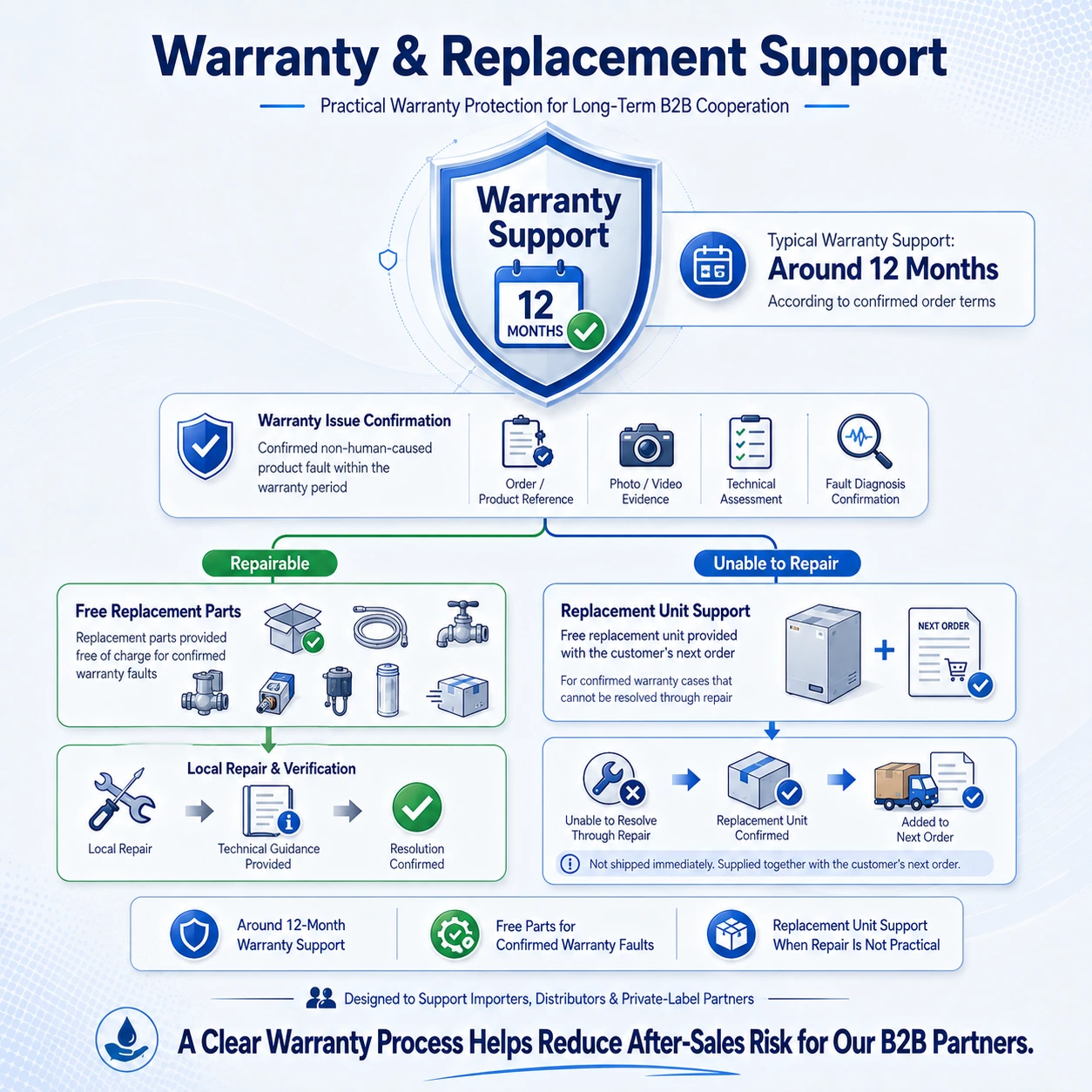 B2B water dispenser warranty and replacement support covering around 12-month warranty, free replacement parts for confirmed faults and replacement units with the next order when repair is not practical.