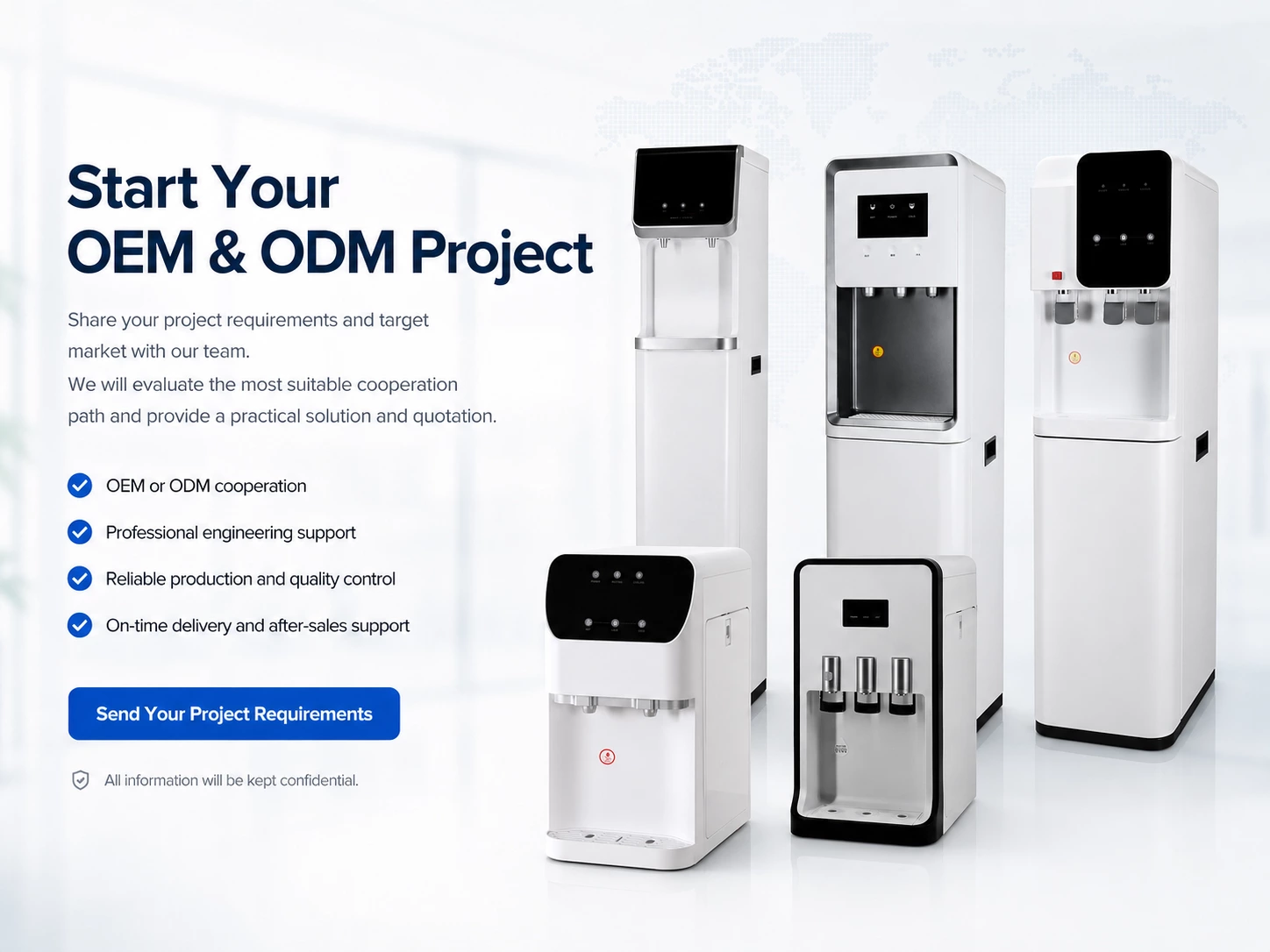 OEM and ODM water dispenser project solutions featuring countertop and freestanding water dispensers for B2B buyers.