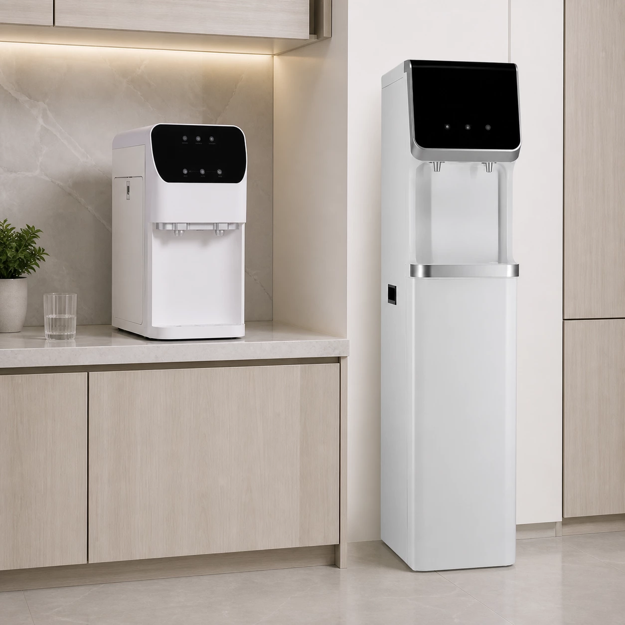 Residential distribution water dispenser solution with countertop and free-standing models