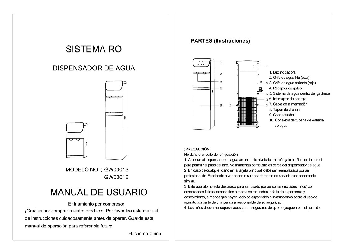 Spanish-language water dispenser manual